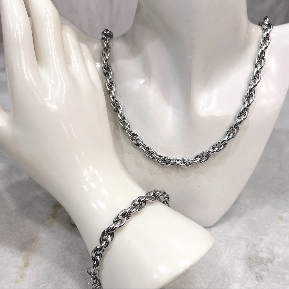 Triple Link Chunky Silver Necklace and Bracelet